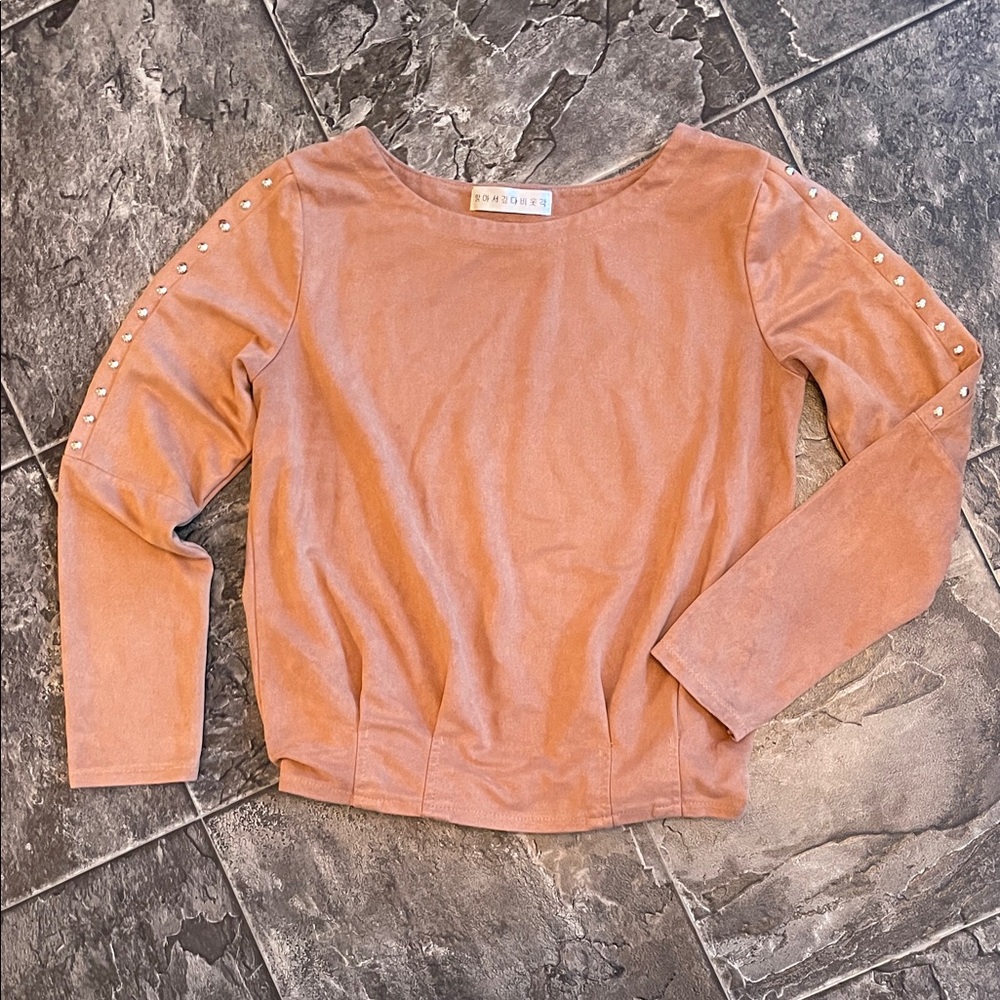Camel Brown Long Sleeve Faux Suede Top with Studded Peek-a-Boo Sleeves Y2K